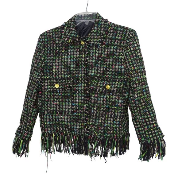 Black Multicolor Fringe Tweed Jacket Women Size M Long Sleeve Collared Work - Picture 1 of 10